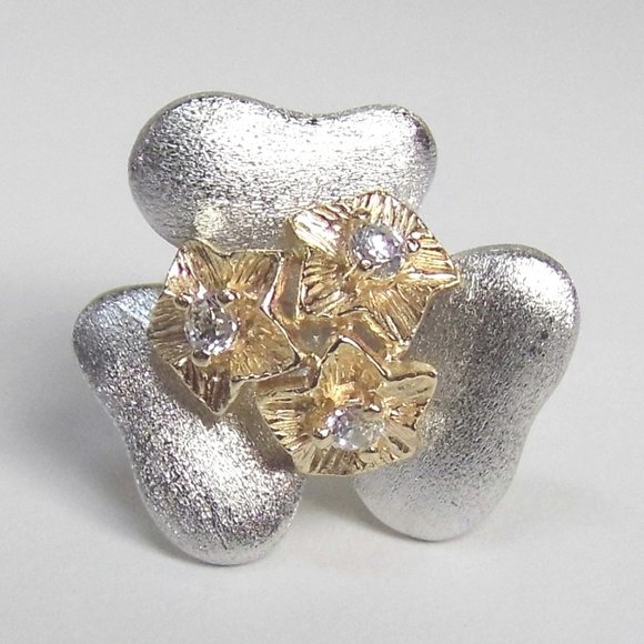Flower Two Tone Sterling SILVER CZ Ring - Picture 7 of 7